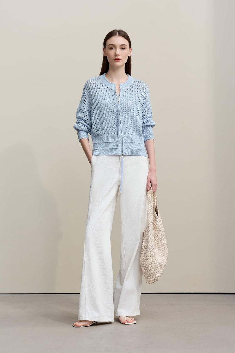 Zip-Up Hollow Knitted Cardigan