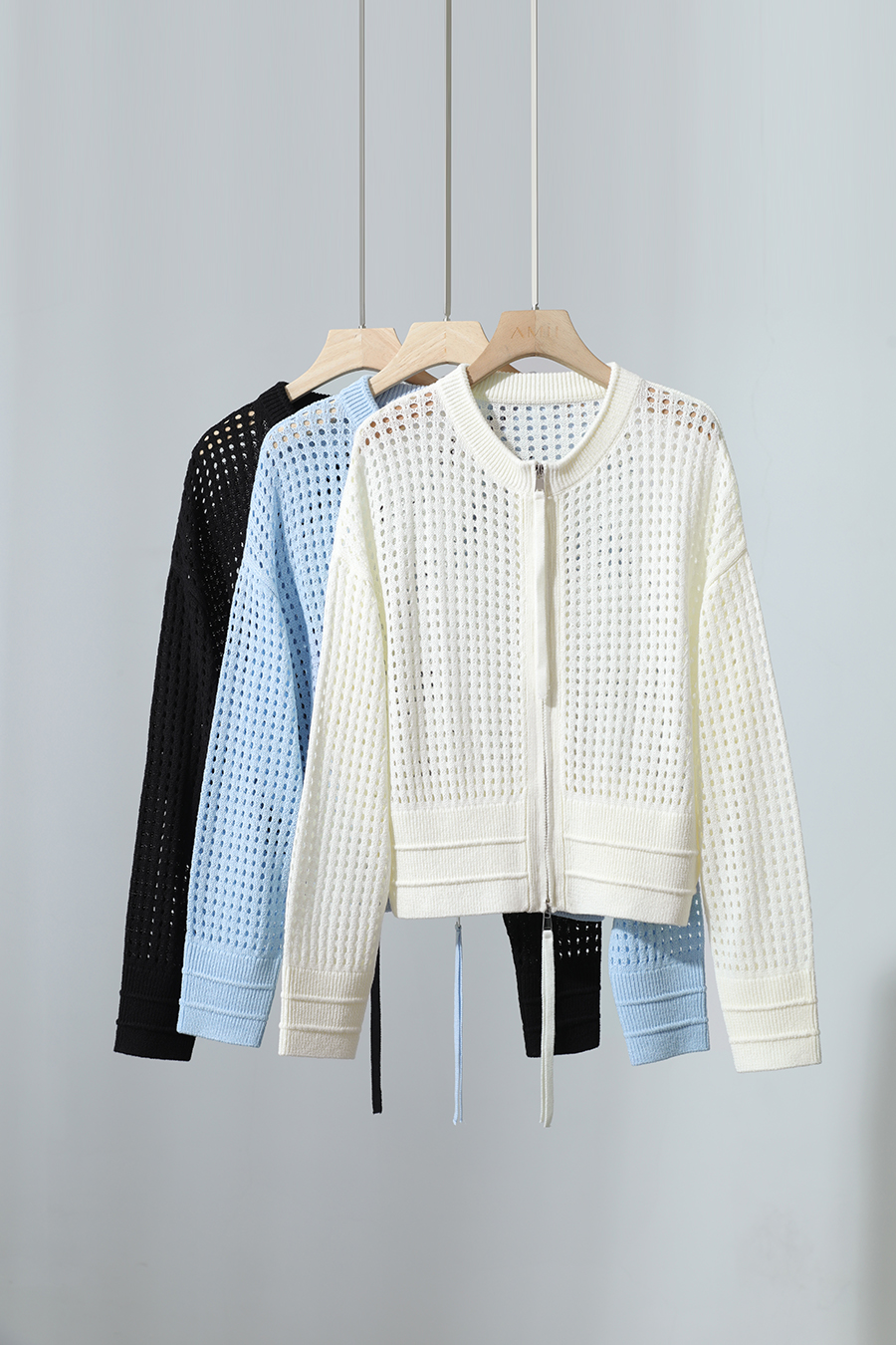 Zip-Up Hollow Knitted Cardigan