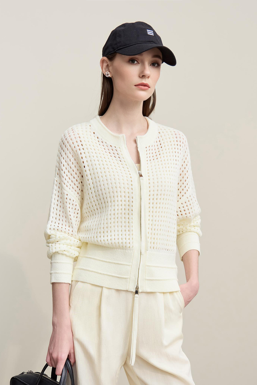 Zip-Up Hollow Knitted Cardigan