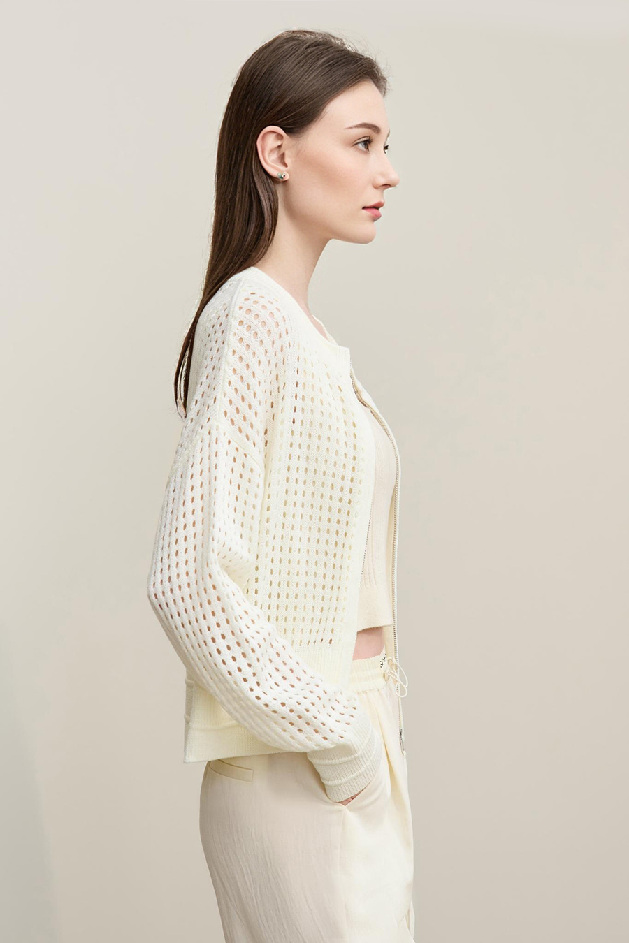 Zip-Up Hollow Knitted Cardigan