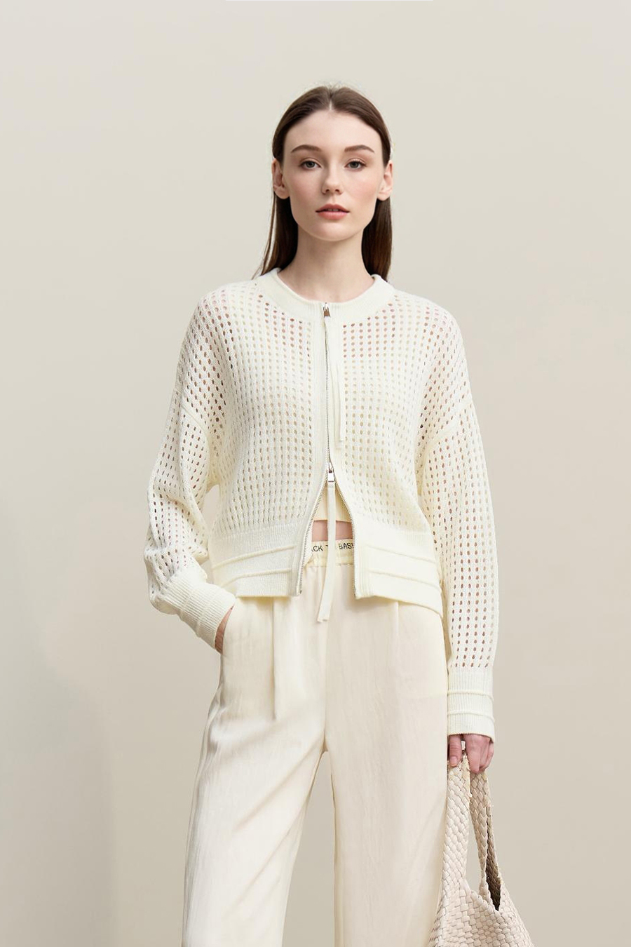 Zip-Up Hollow Knitted Cardigan