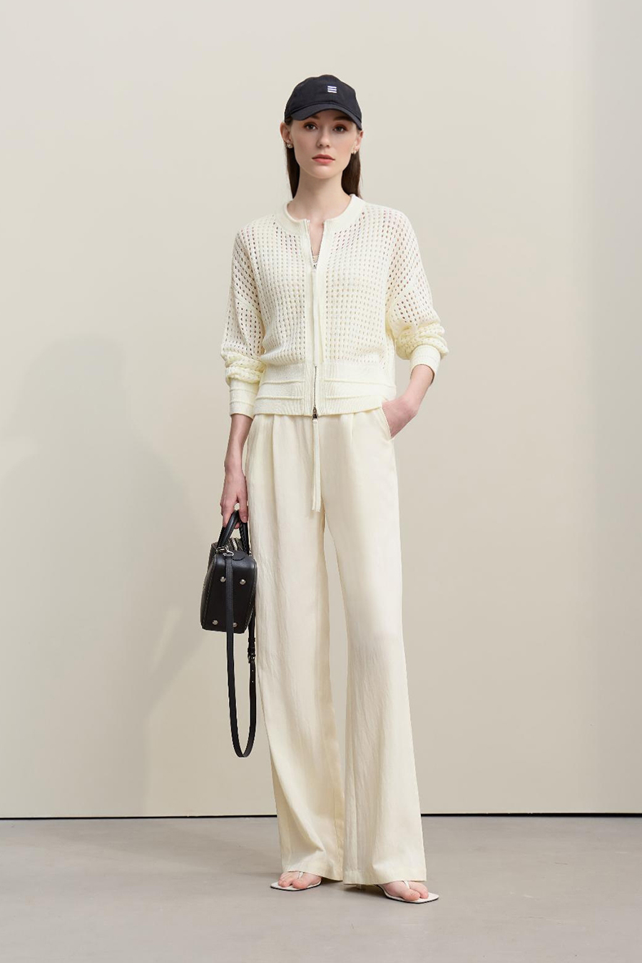 Zip-Up Hollow Knitted Cardigan