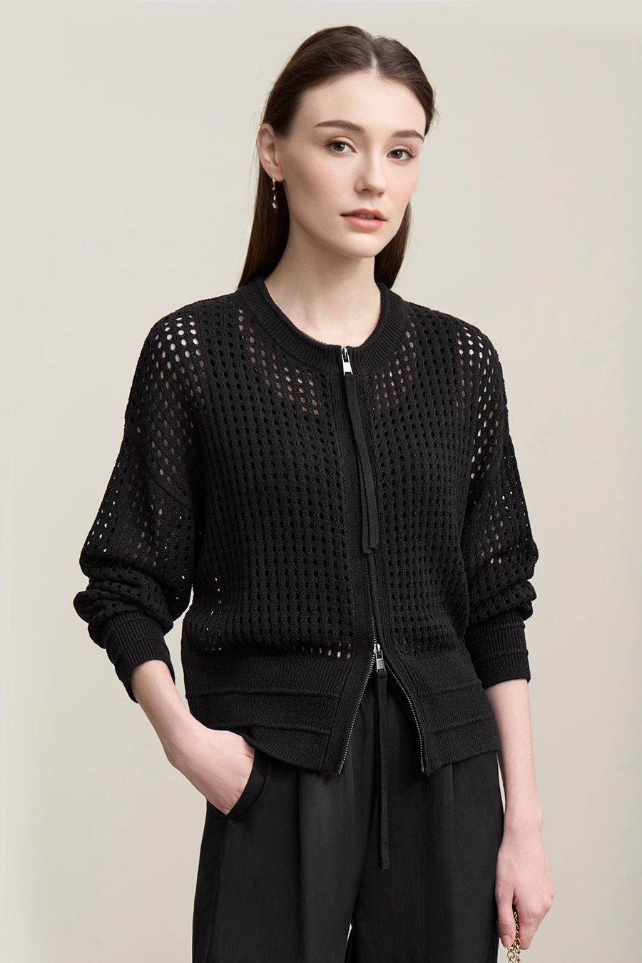 Zip-Up Hollow Knitted Cardigan