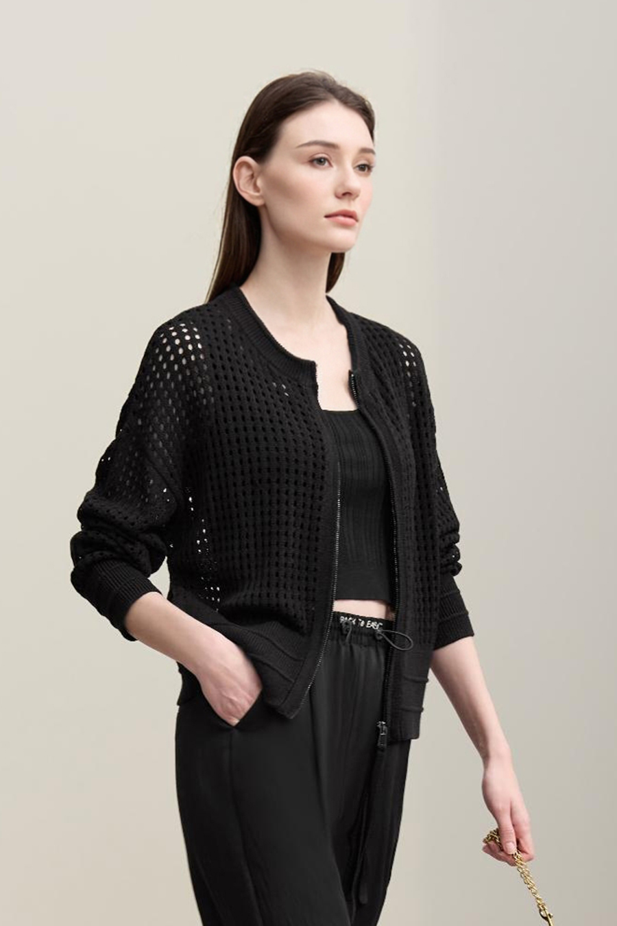 Zip-Up Hollow Knitted Cardigan