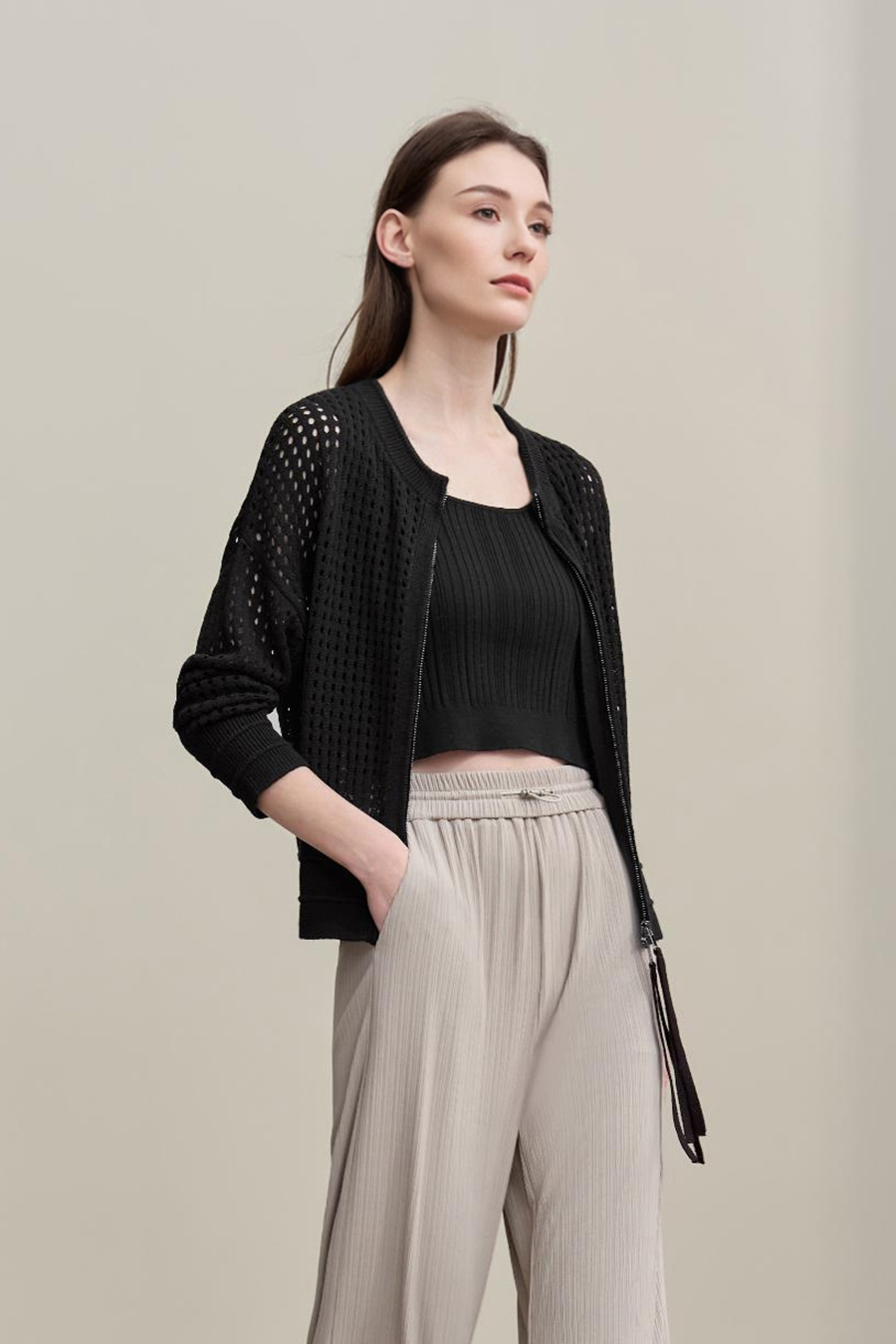 Zip-Up Hollow Knitted Cardigan