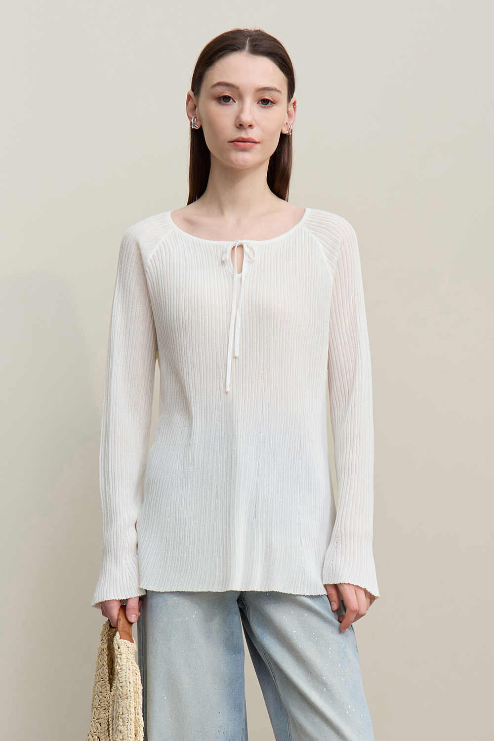 Round Neck Tie Knit Sweater