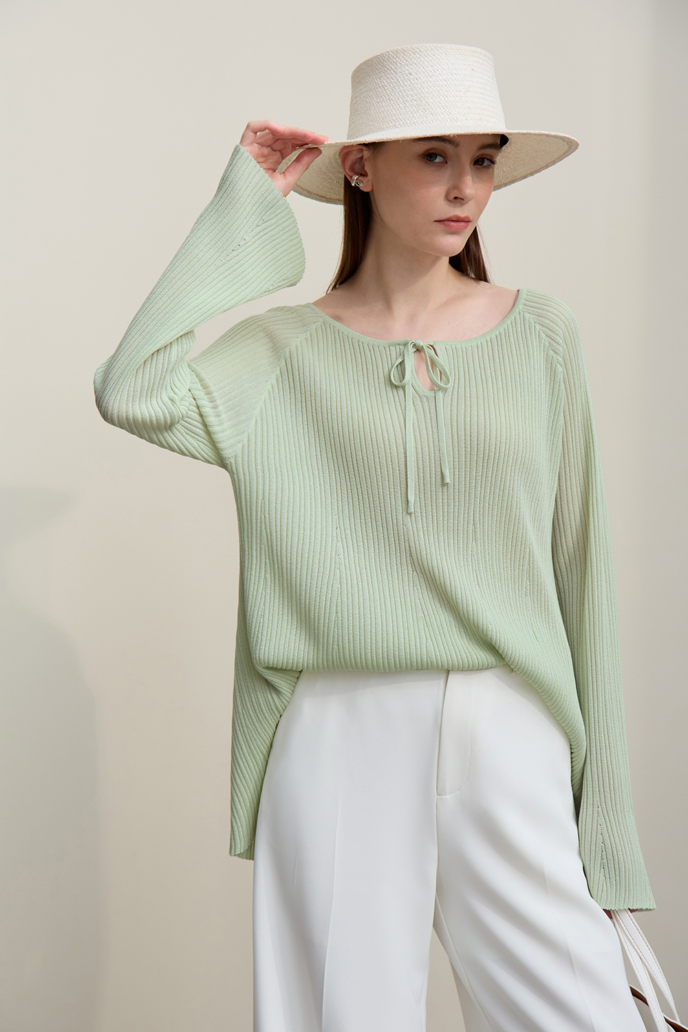 Round Neck Tie Knit Sweater