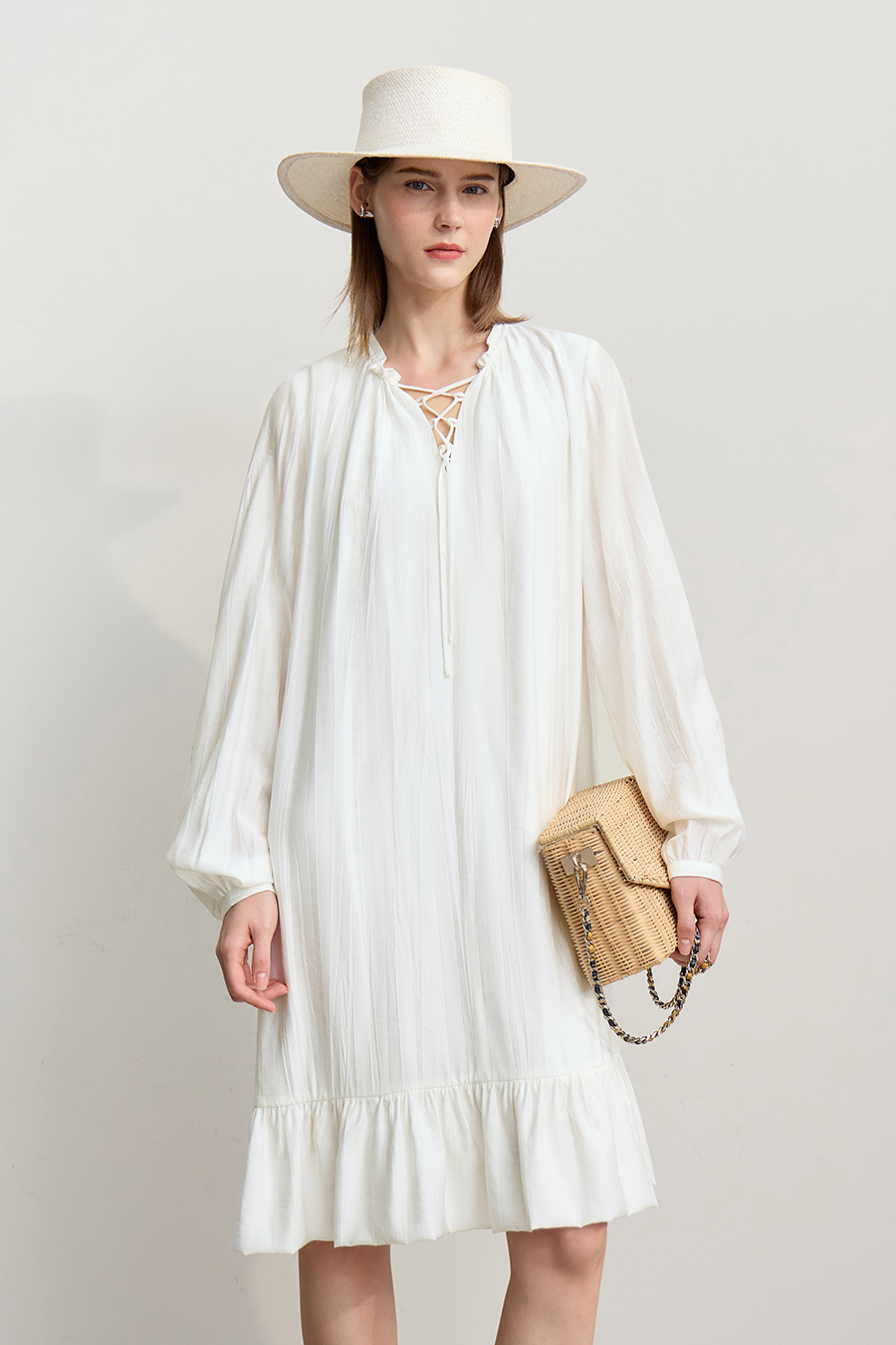 Tie Long Sleeve Ruffle Dress