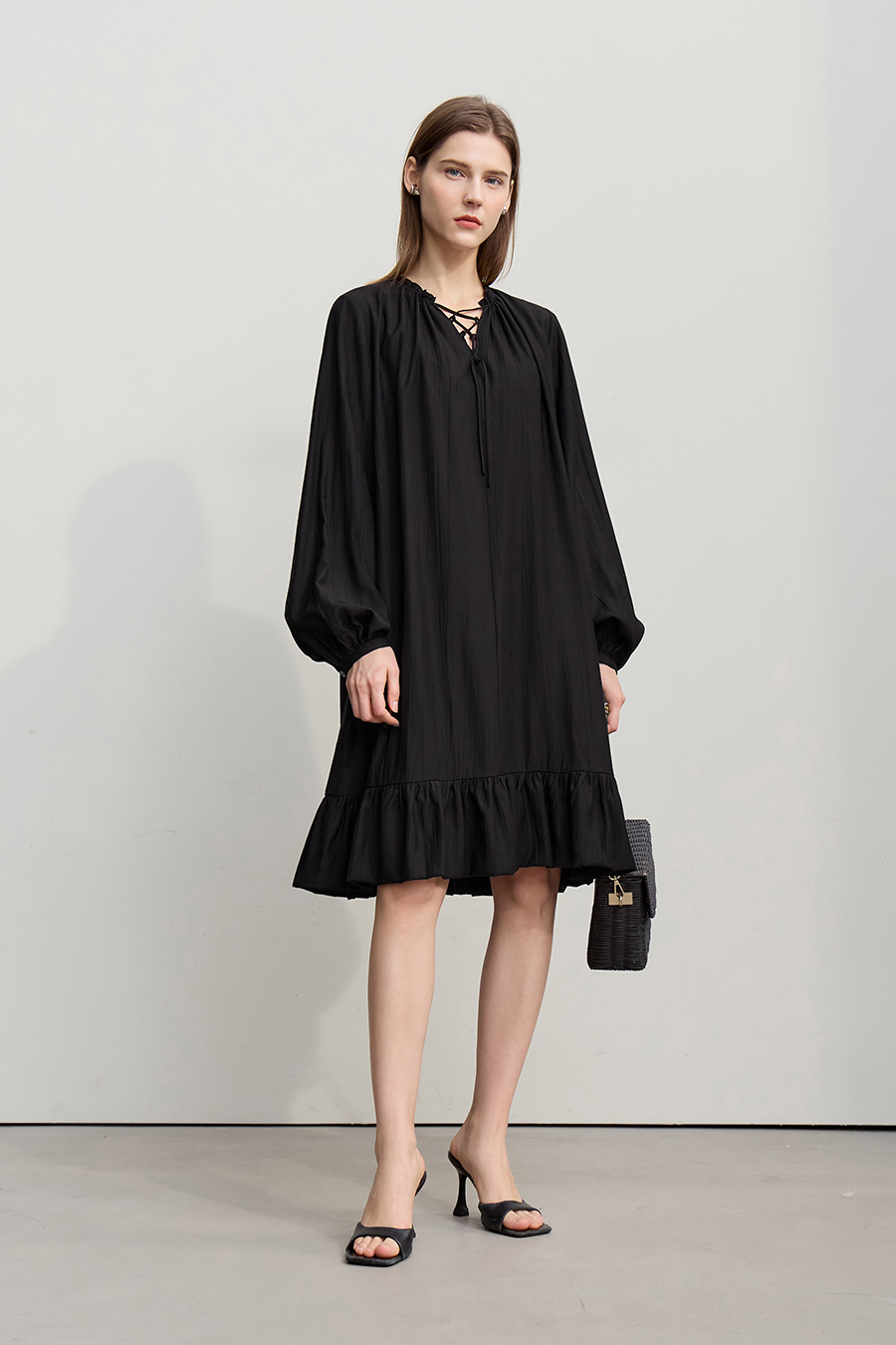 Tie Long Sleeve Ruffle Dress