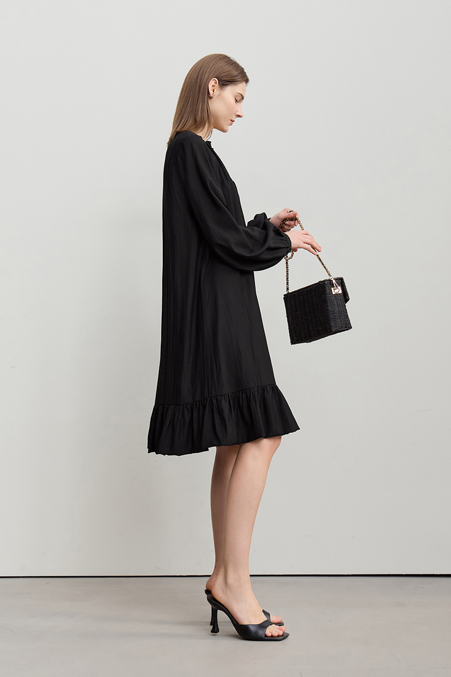 Tie Long Sleeve Ruffle Dress