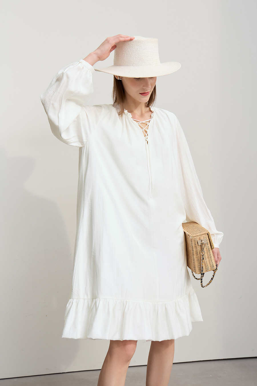 Tie Long Sleeve Ruffle Dress