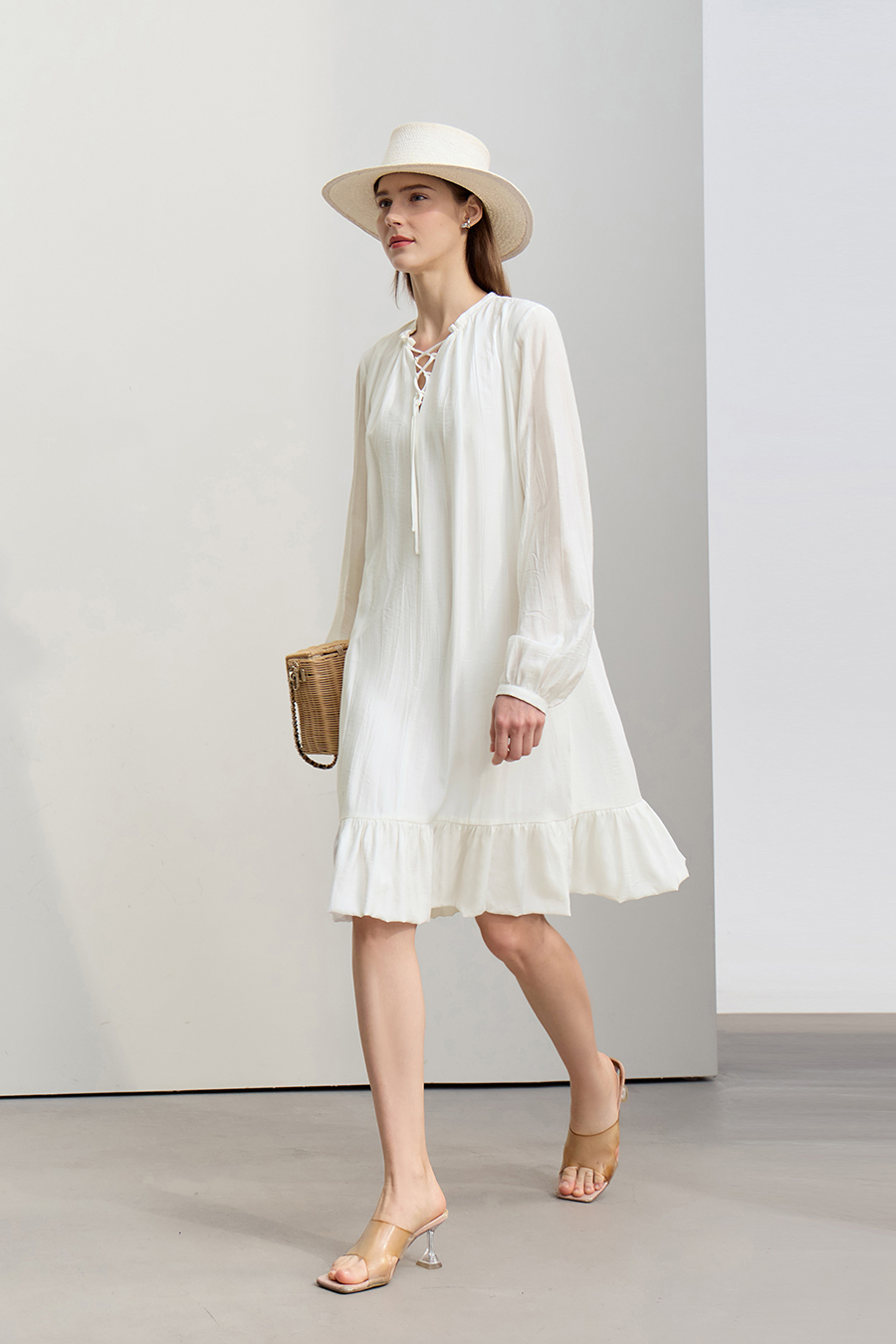 Tie Long Sleeve Ruffle Dress