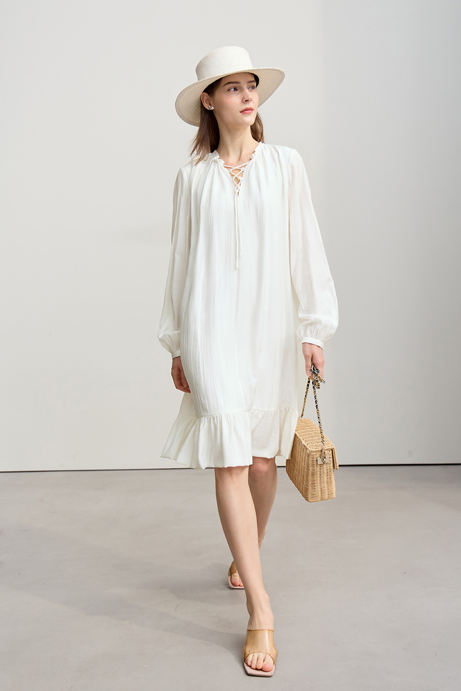 Tie Long Sleeve Ruffle Dress