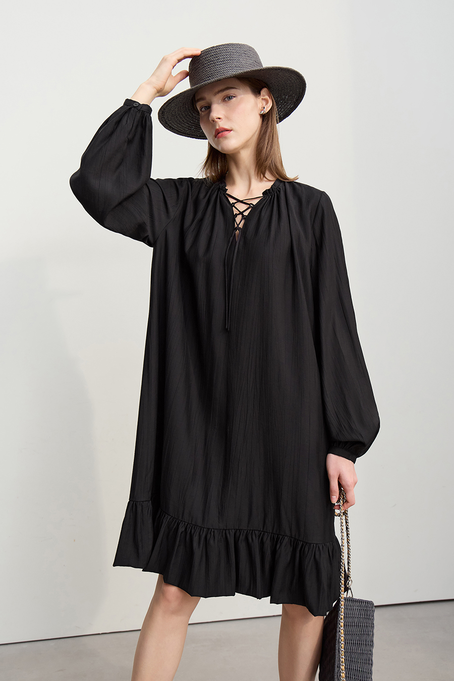 Tie Long Sleeve Ruffle Dress