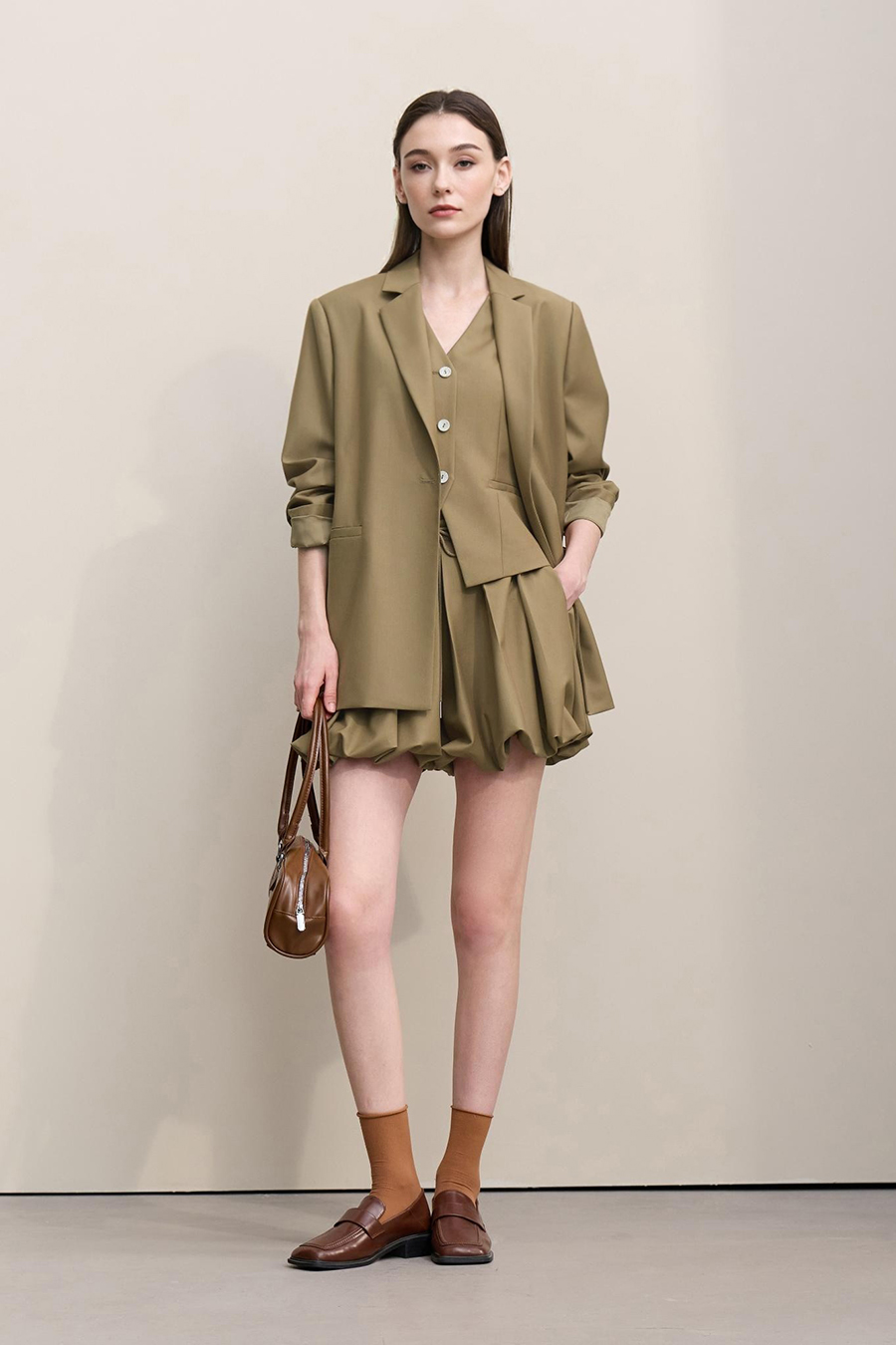 Notch Lapel Padded Shoulder Midi Blazer