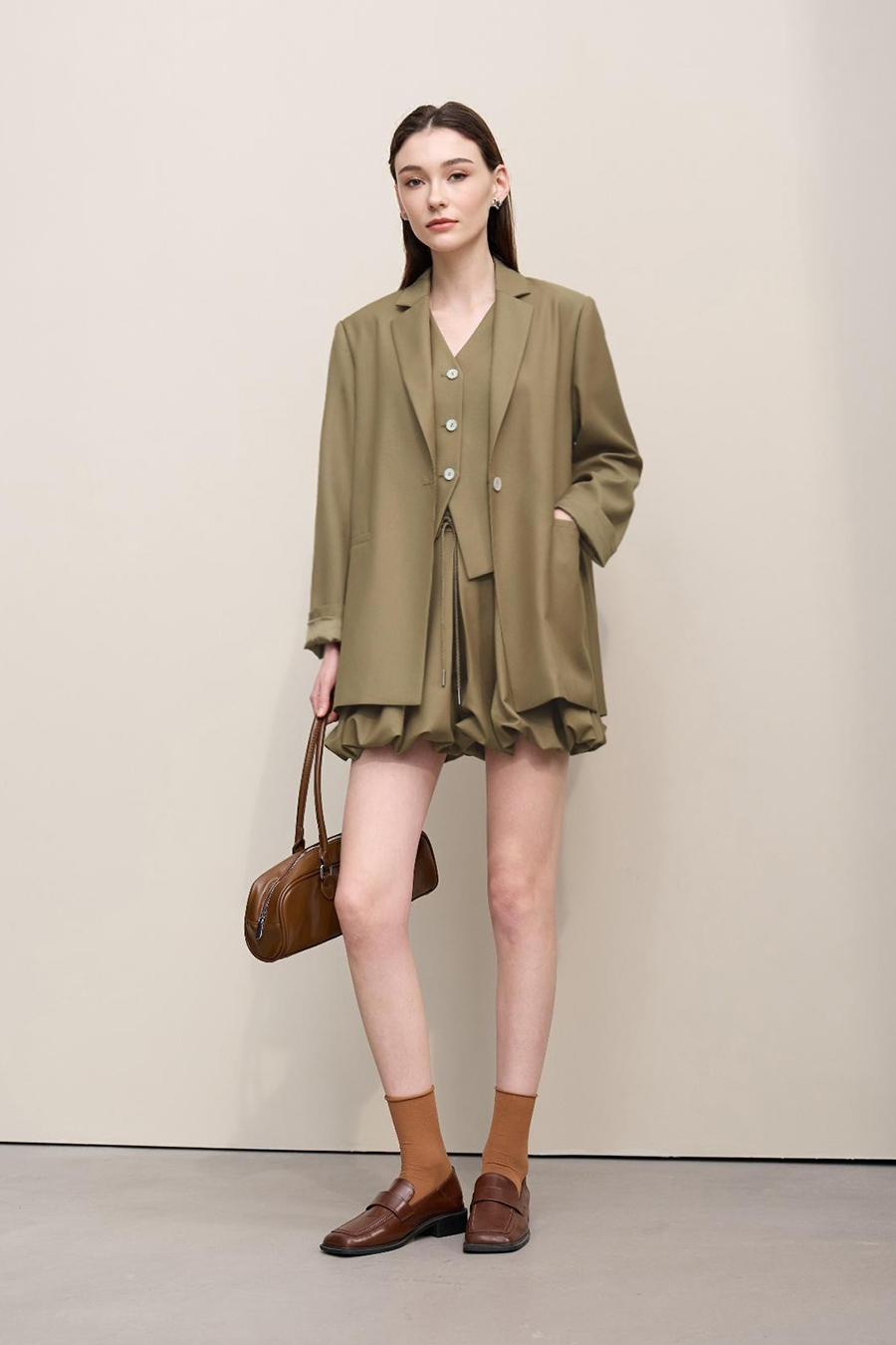 Notch Lapel Padded Shoulder Midi Blazer