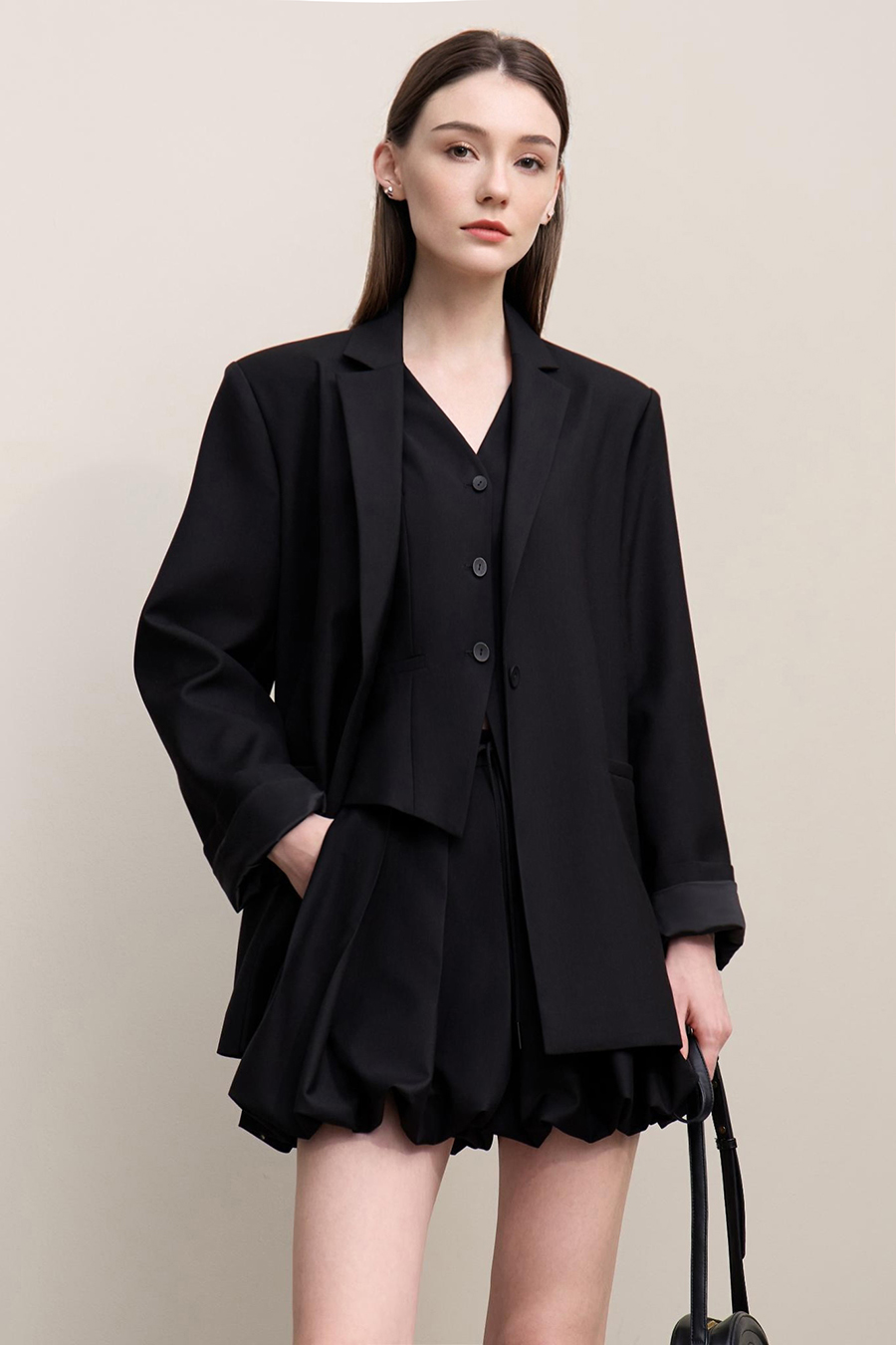 Notch Lapel Padded Shoulder Midi Blazer
