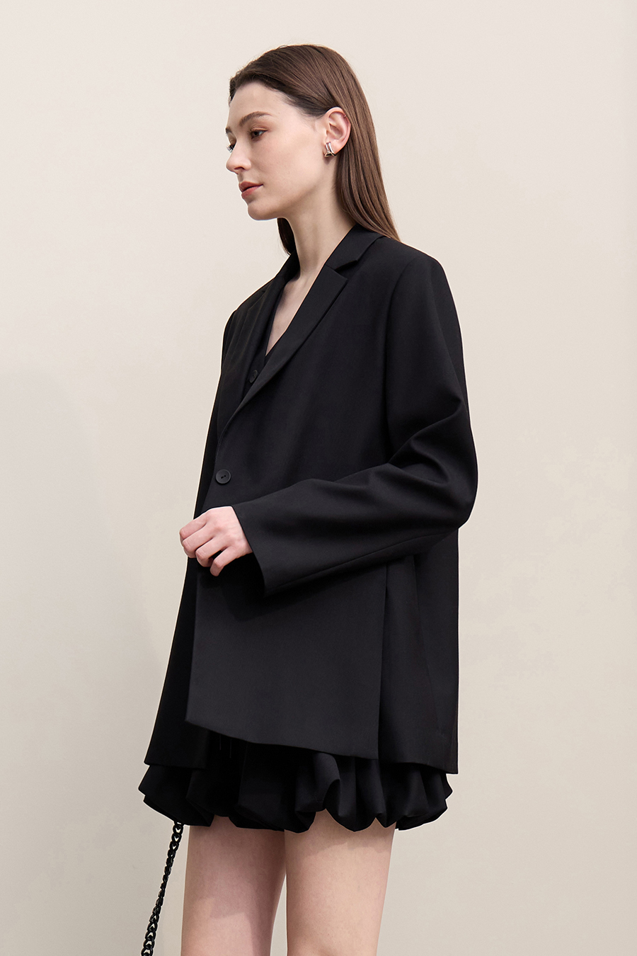 Notch Lapel Padded Shoulder Midi Blazer