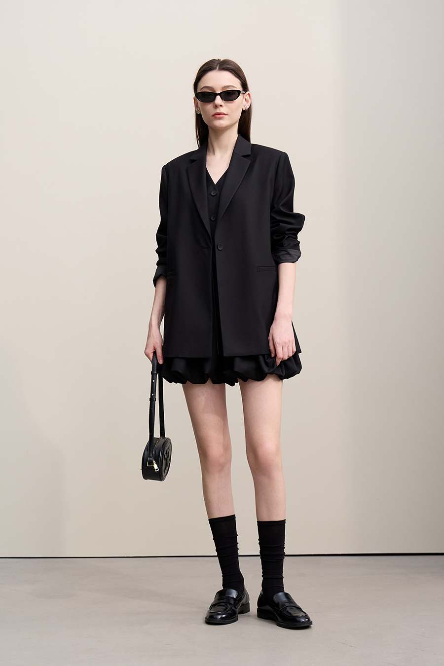 Notch Lapel Padded Shoulder Midi Blazer