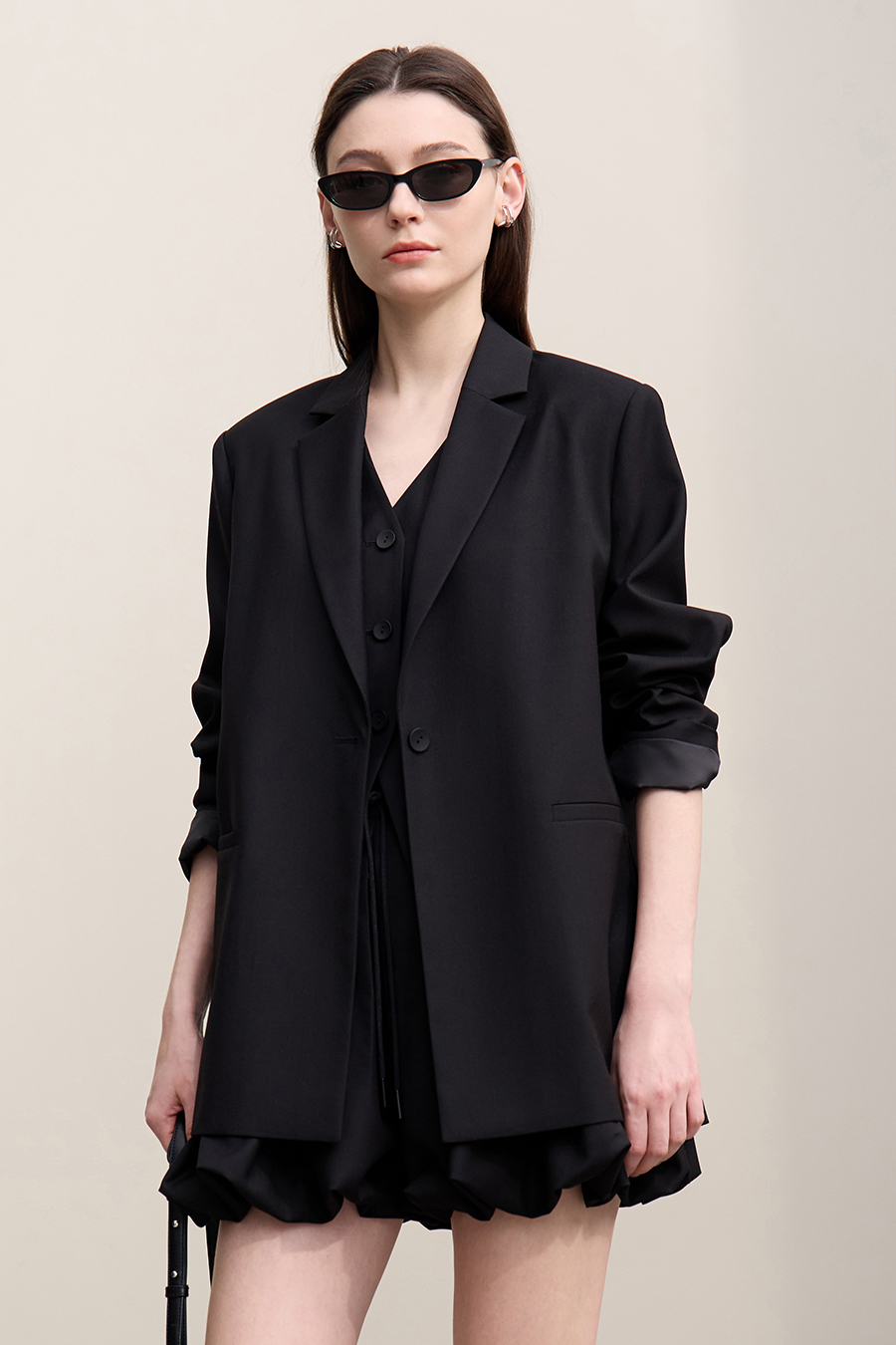 Notch Lapel Padded Shoulder Midi Blazer