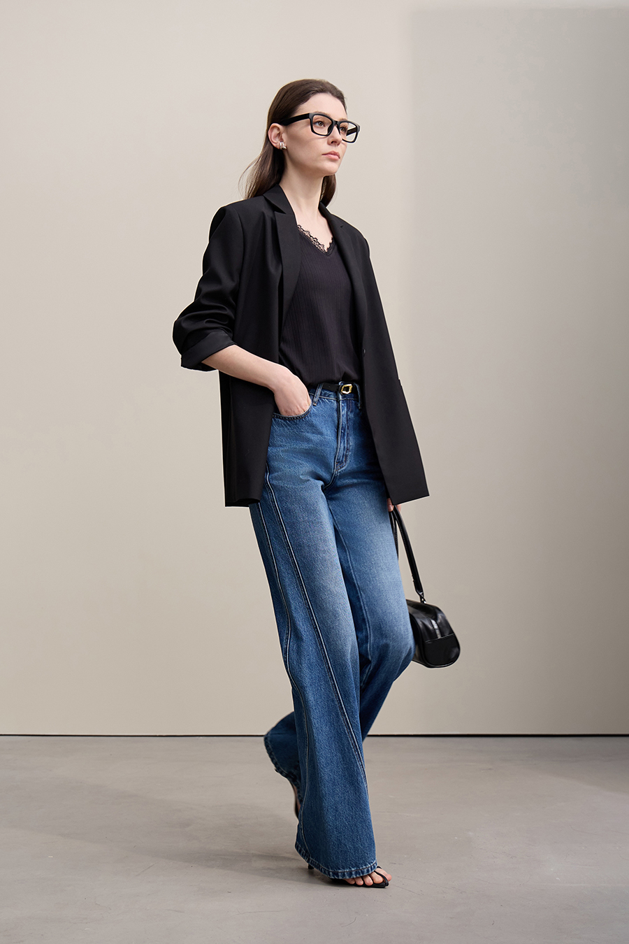 Notch Lapel Padded Shoulder Midi Blazer