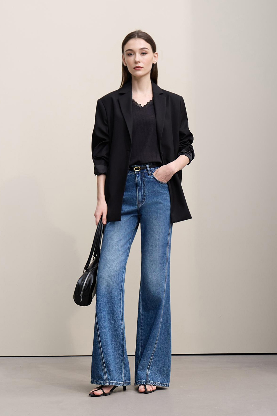 Notch Lapel Padded Shoulder Midi Blazer