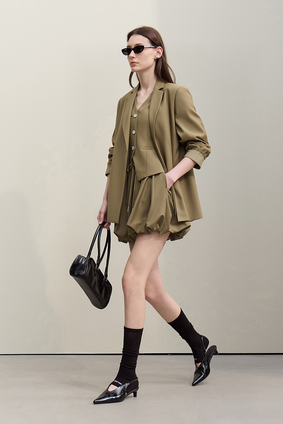 Notch Lapel Padded Shoulder Midi Blazer