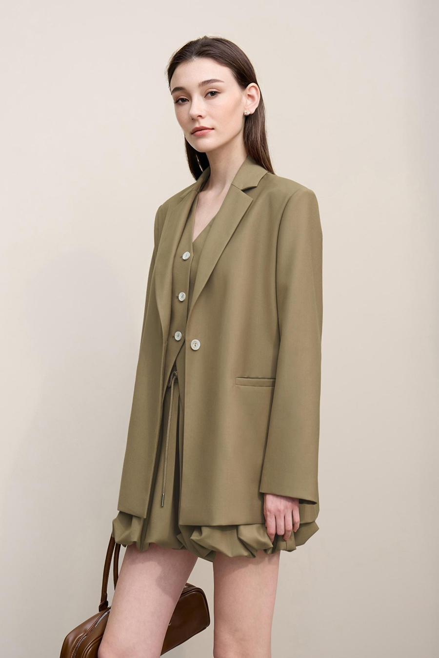 Notch Lapel Padded Shoulder Midi Blazer