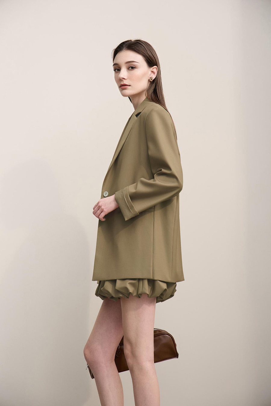 Notch Lapel Padded Shoulder Midi Blazer