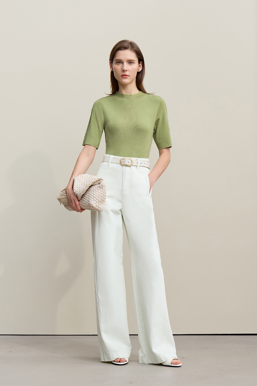Lace-trim spliced knit sweater|AMII