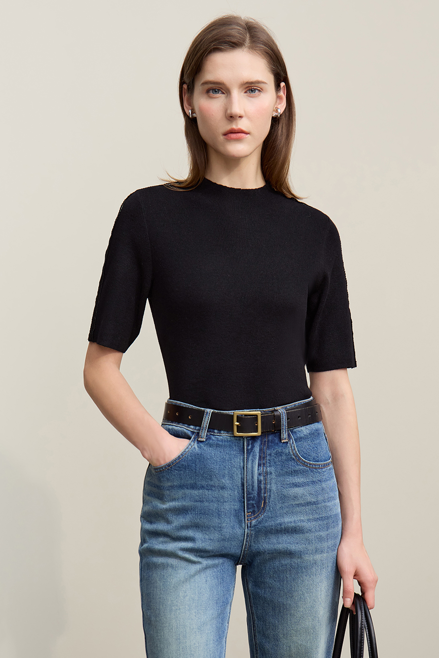 Lace-trim spliced knit sweater|AMII