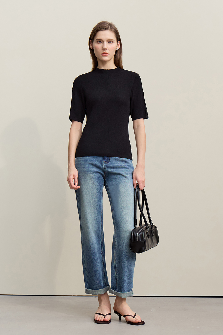 Lace-trim spliced knit sweater|AMII