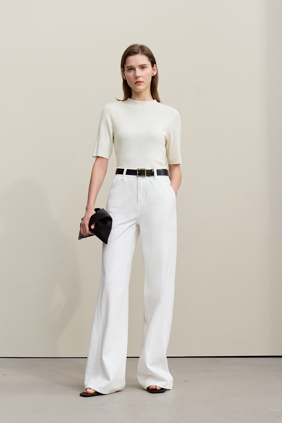 Lace-trim spliced knit sweater|AMII