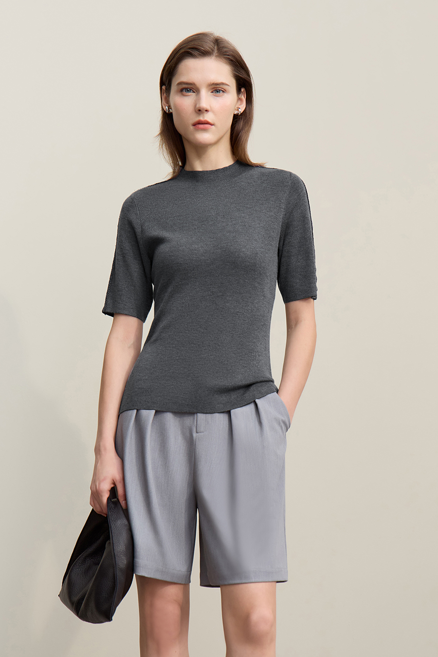 Lace-trim spliced knit sweater|AMII