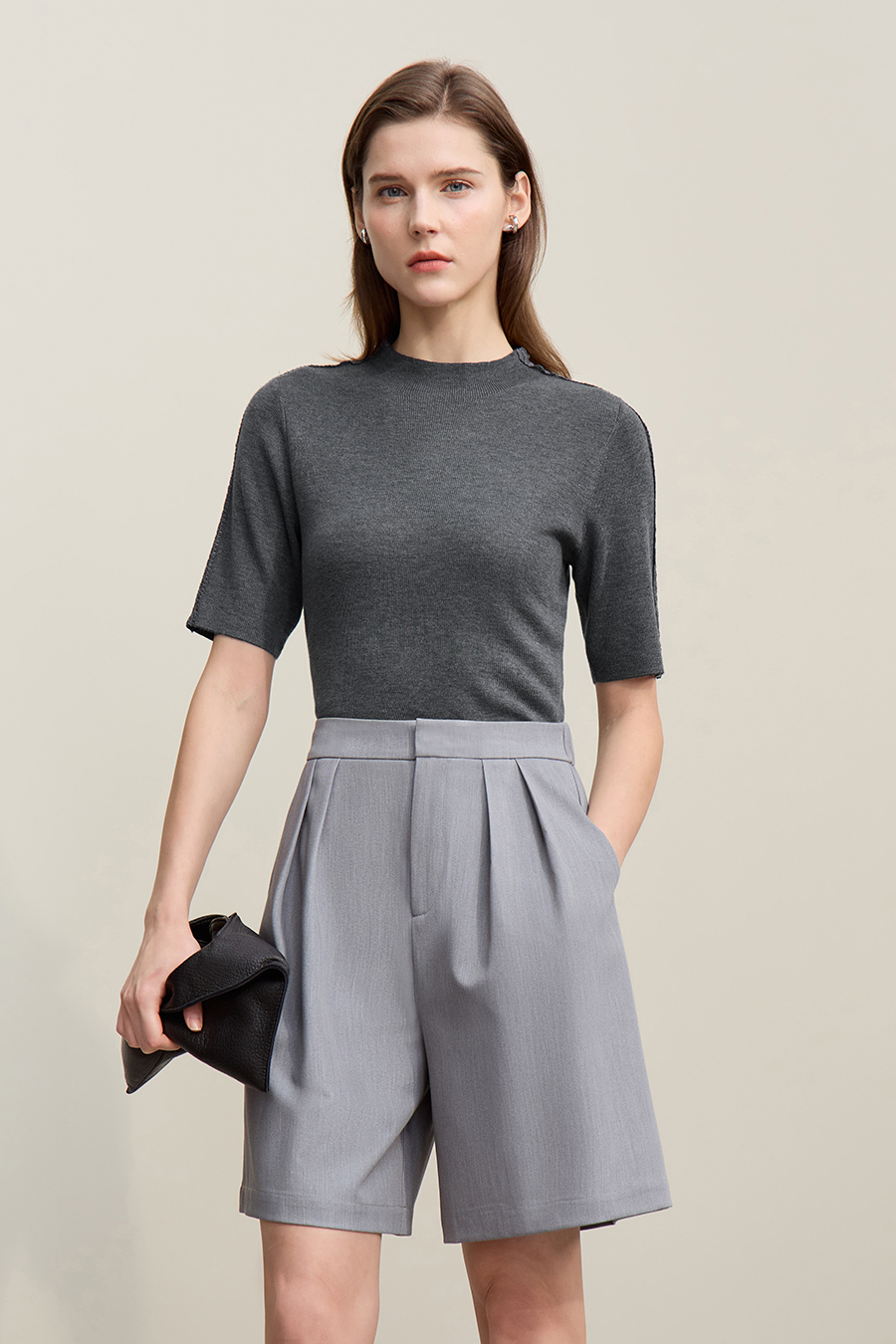 Lace-trim spliced knit sweater|AMII