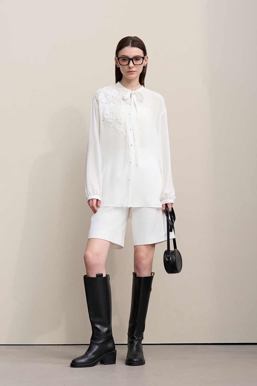 Lantern Sleeve Textured Chiffon Top