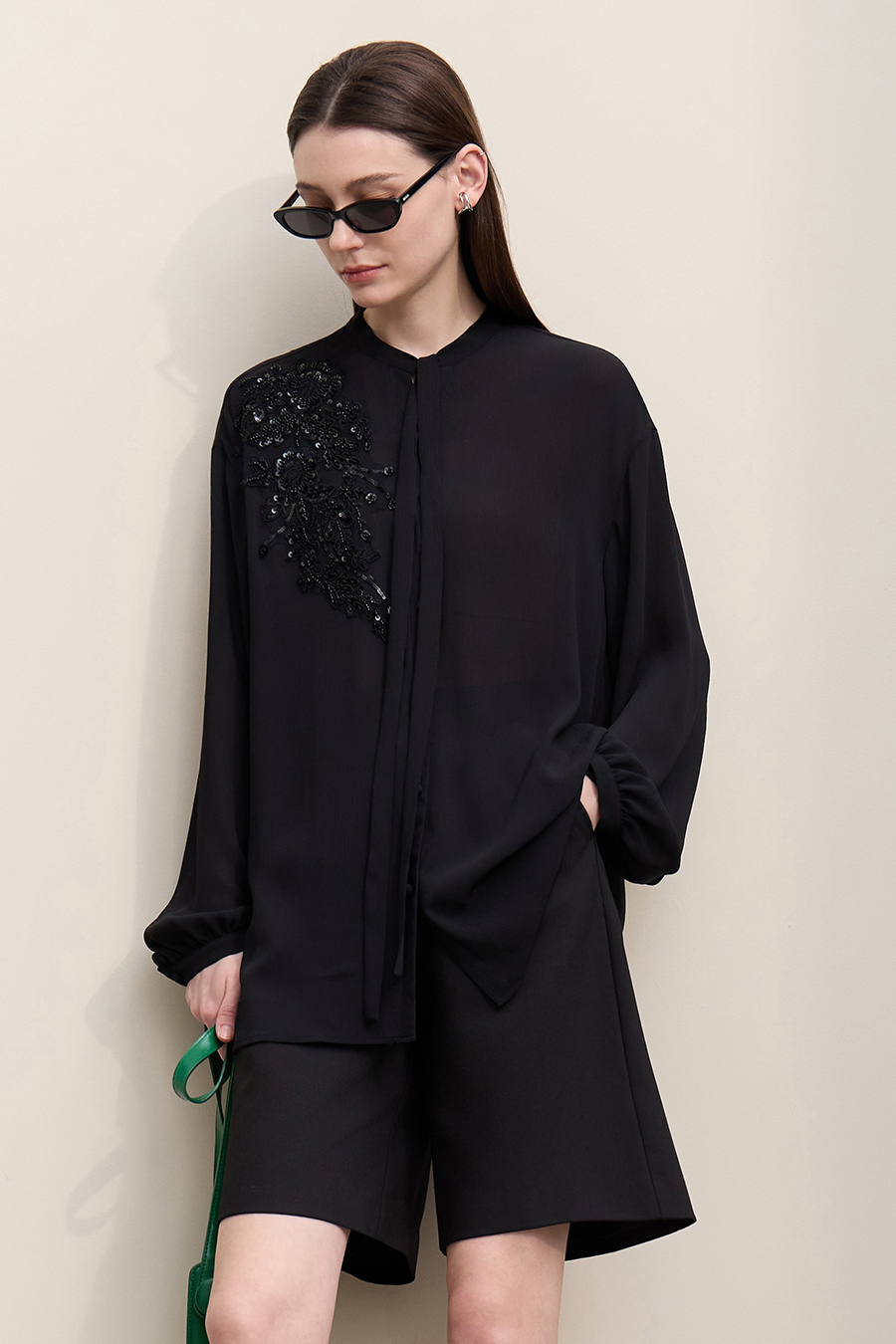 Lantern Sleeve Textured Chiffon Top