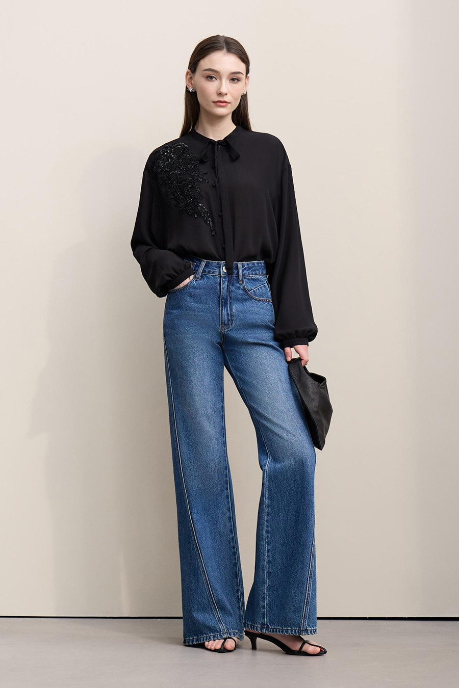 Lantern Sleeve Textured Chiffon Top