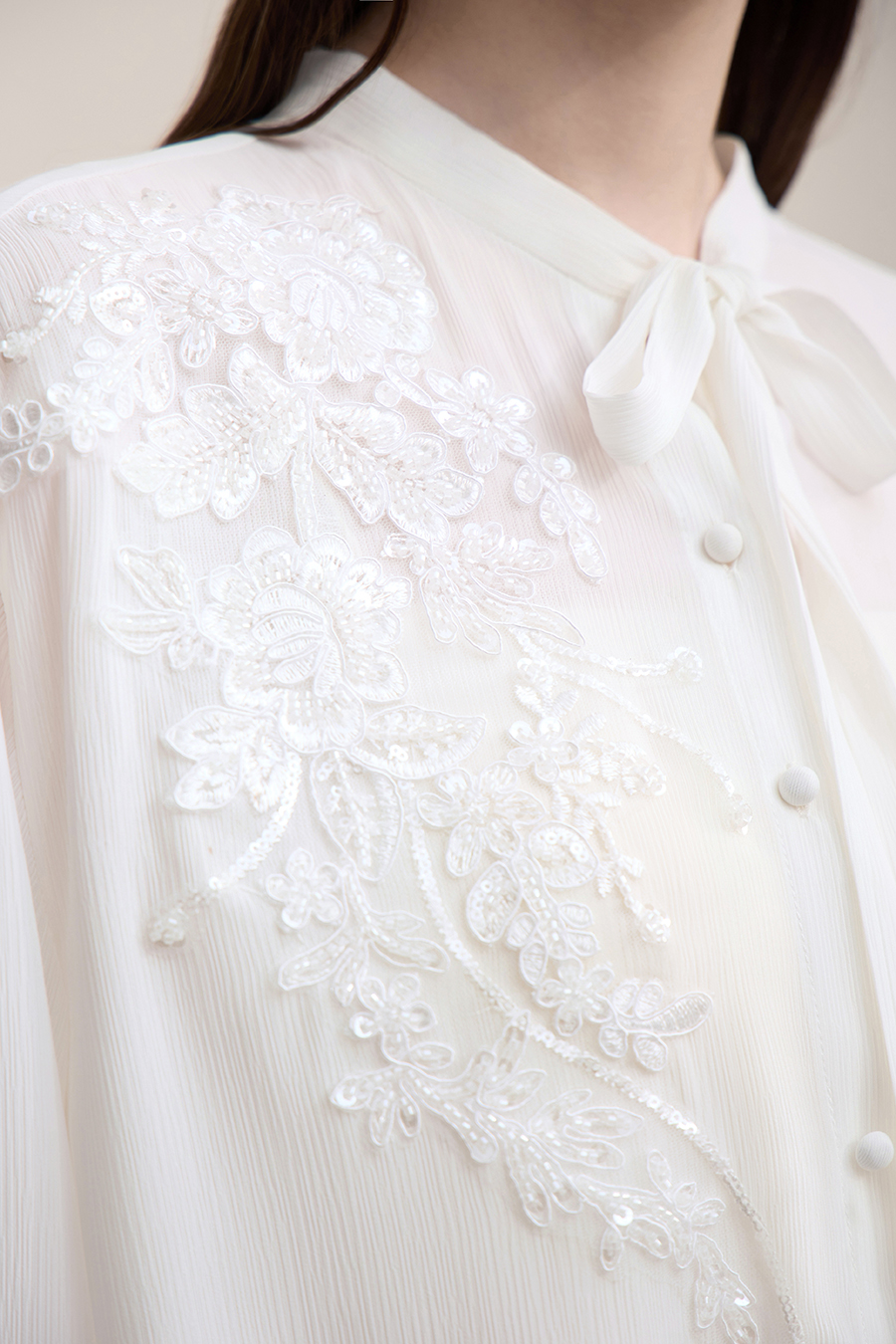 Lantern Sleeve Textured Chiffon Top