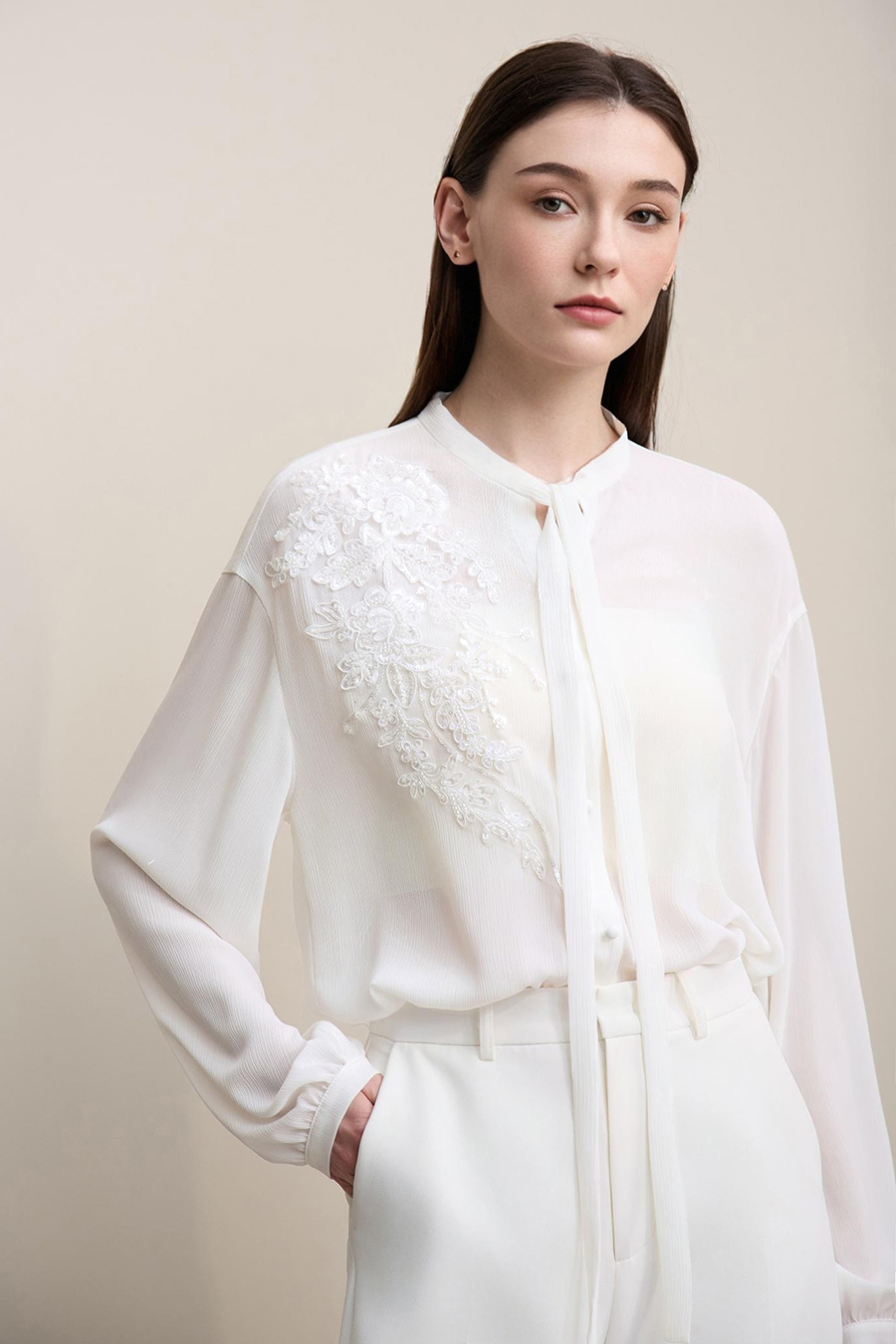 Lantern Sleeve Textured Chiffon Top