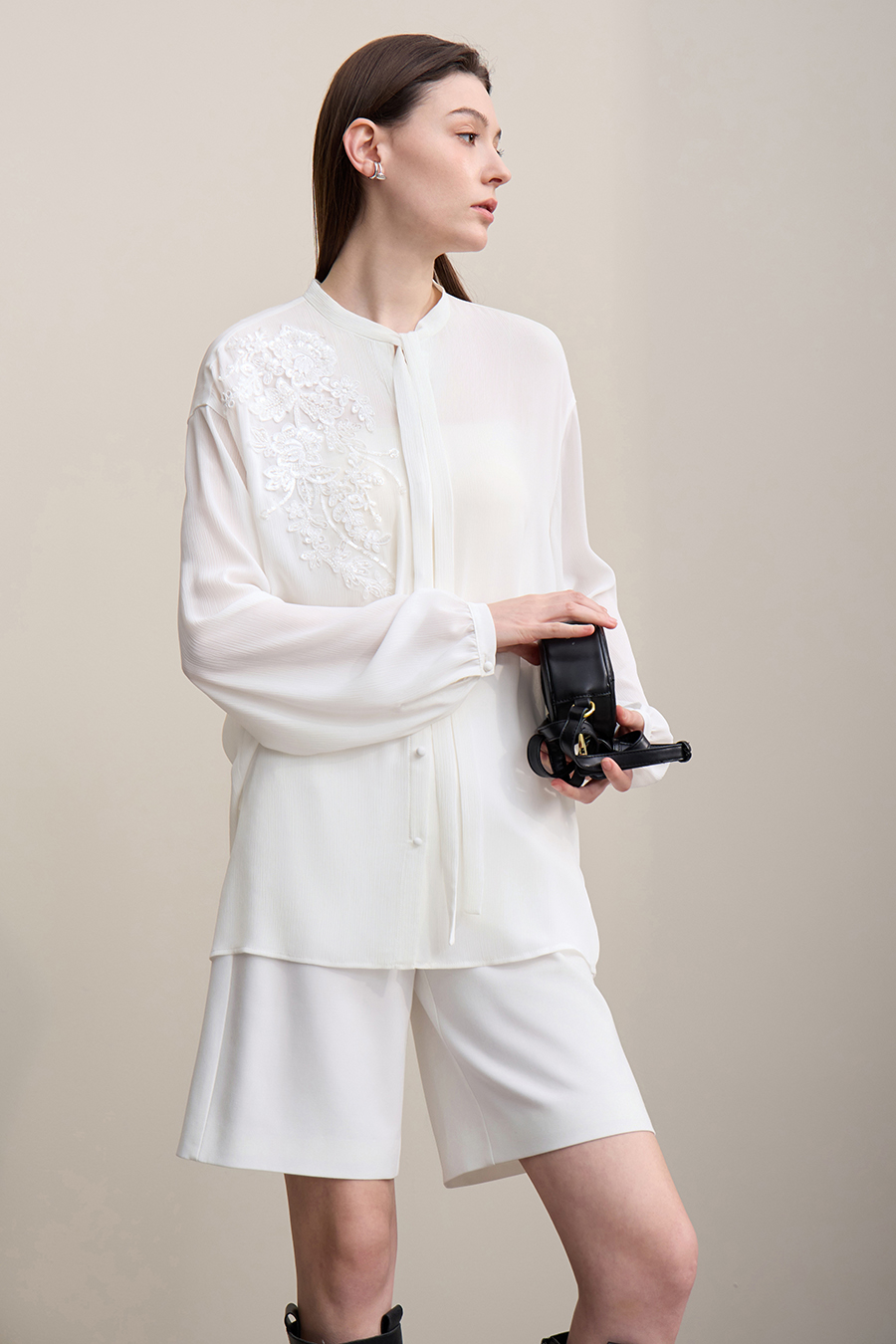 Lantern Sleeve Textured Chiffon Top