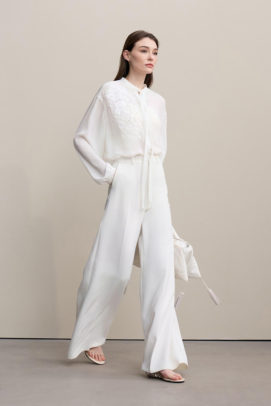 Lantern Sleeve Textured Chiffon Top