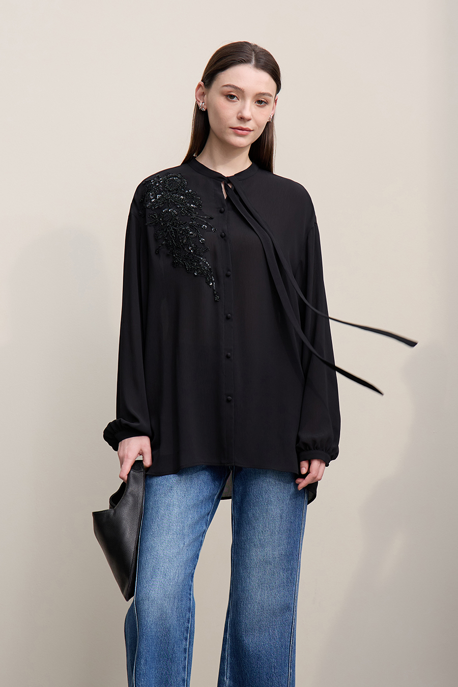 Lantern Sleeve Textured Chiffon Top