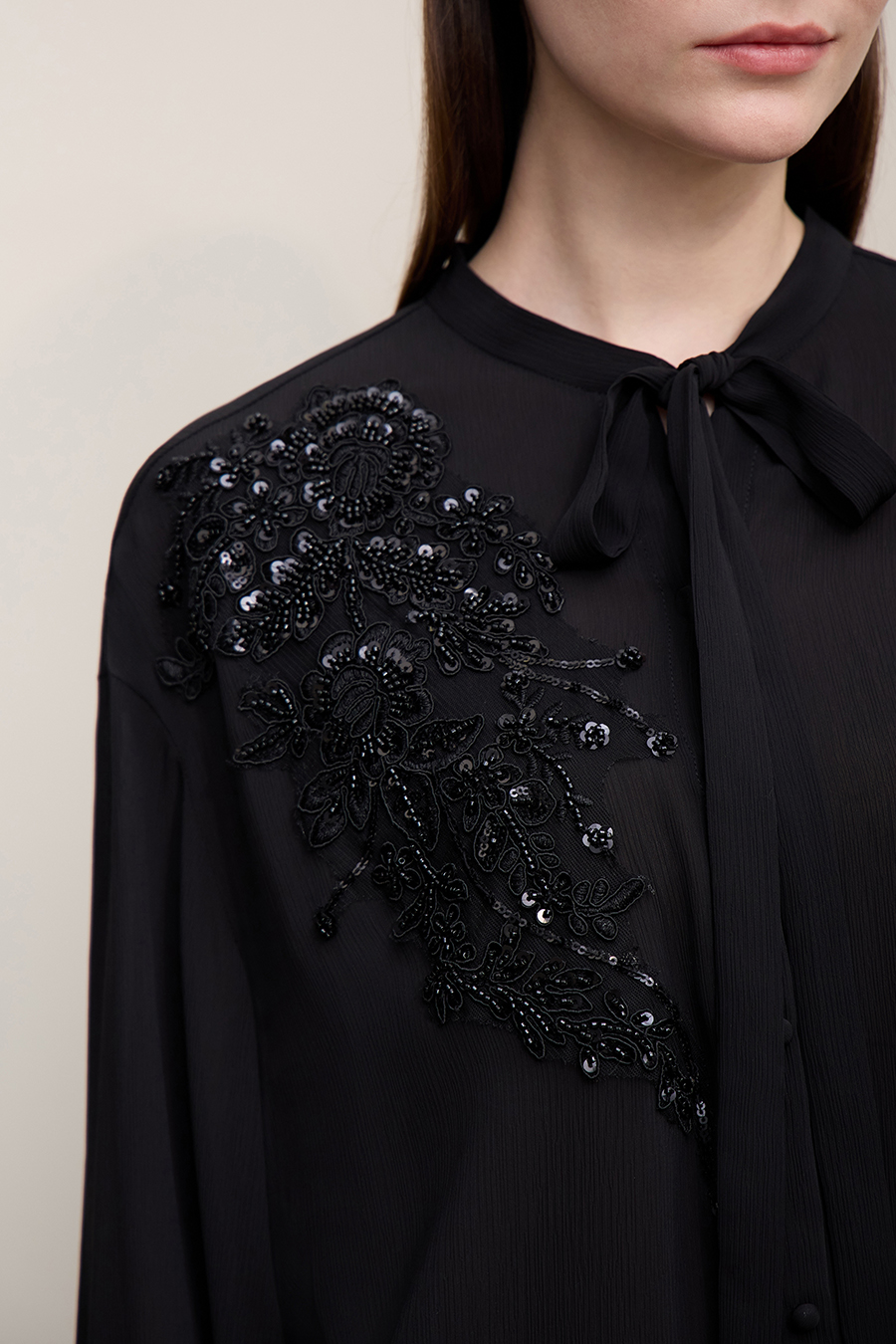 Lantern Sleeve Textured Chiffon Top