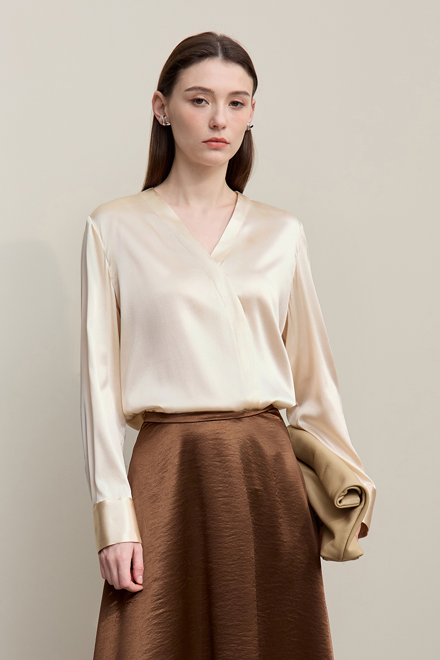 V-Neck Asymmetrical Placket Silk Top
