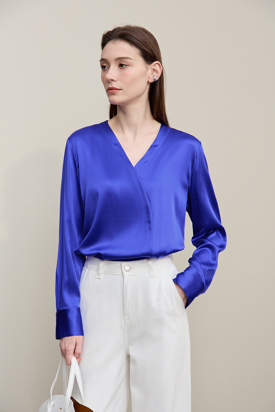 V-Neck Asymmetrical Placket Silk Top
