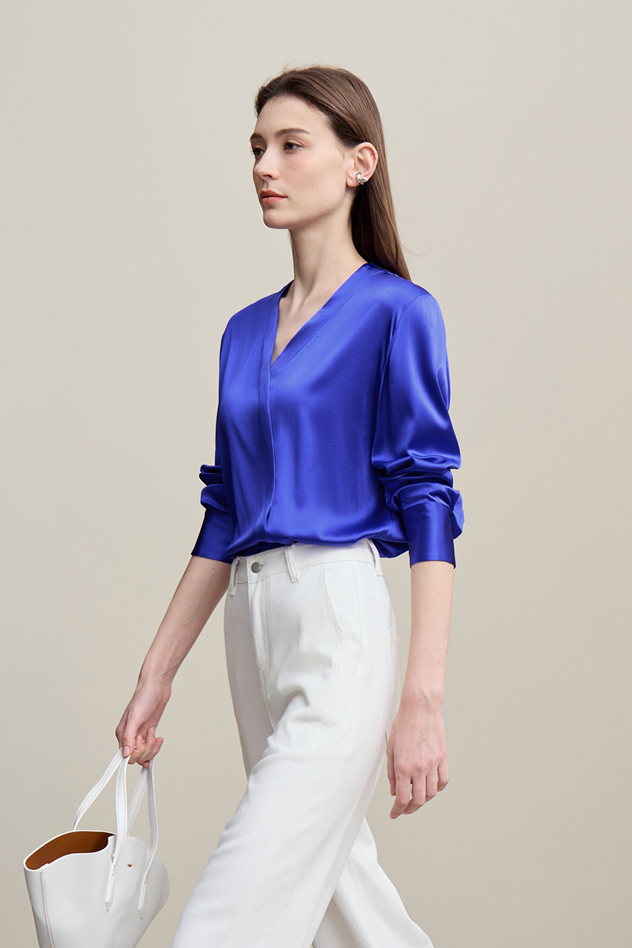 V-Neck Asymmetrical Placket Silk Top