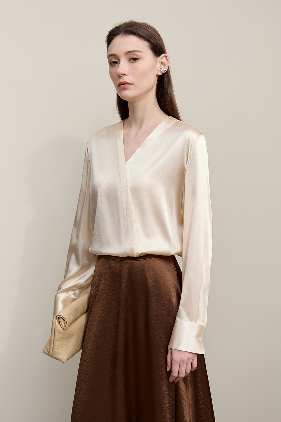 V-Neck Asymmetrical Placket Silk Top