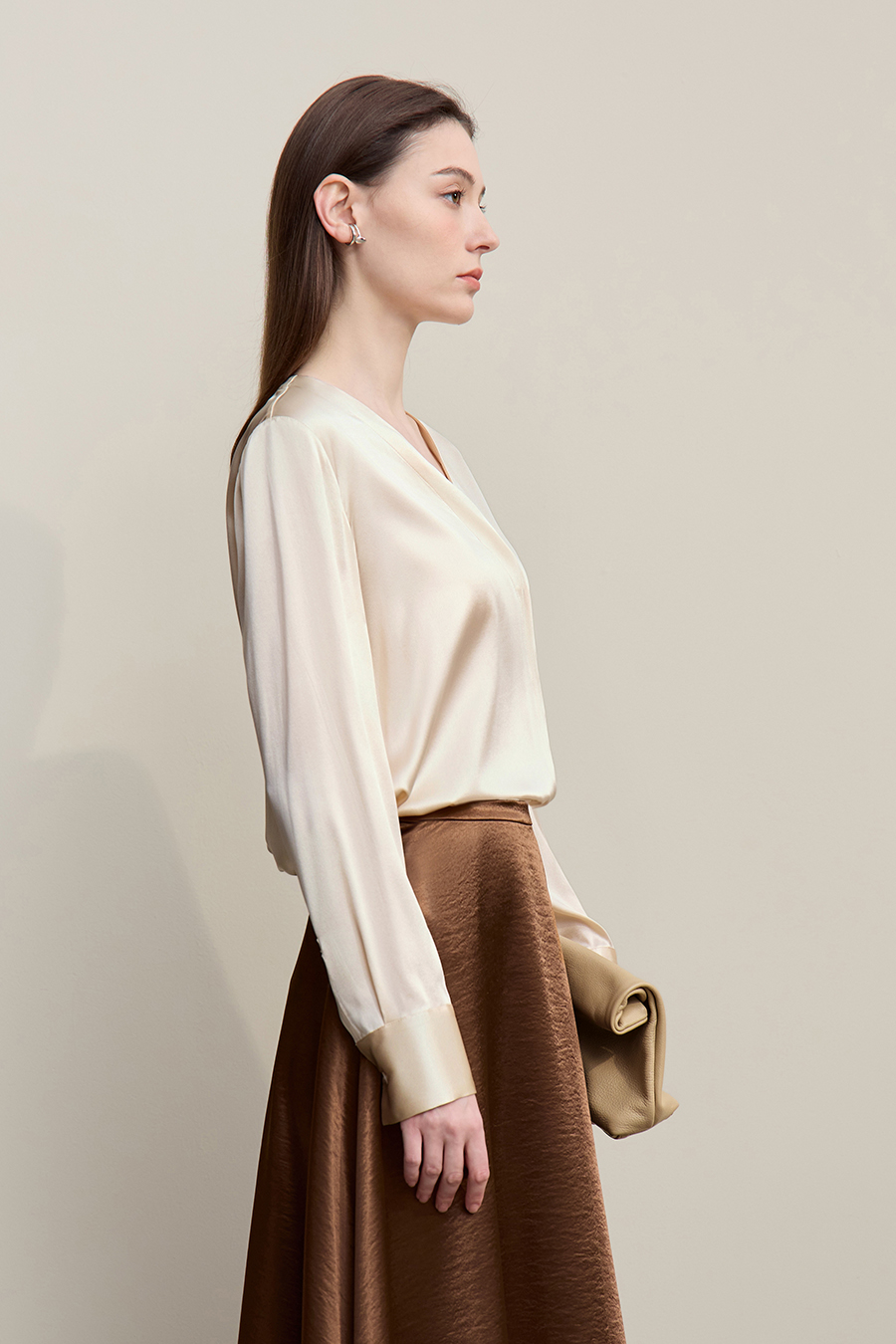 V-Neck Asymmetrical Placket Silk Top