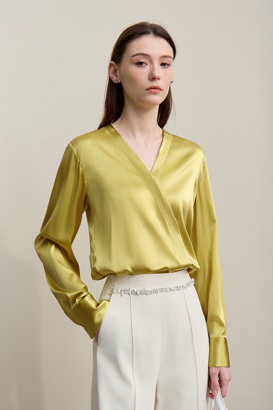V-Neck Asymmetrical Placket Silk Top